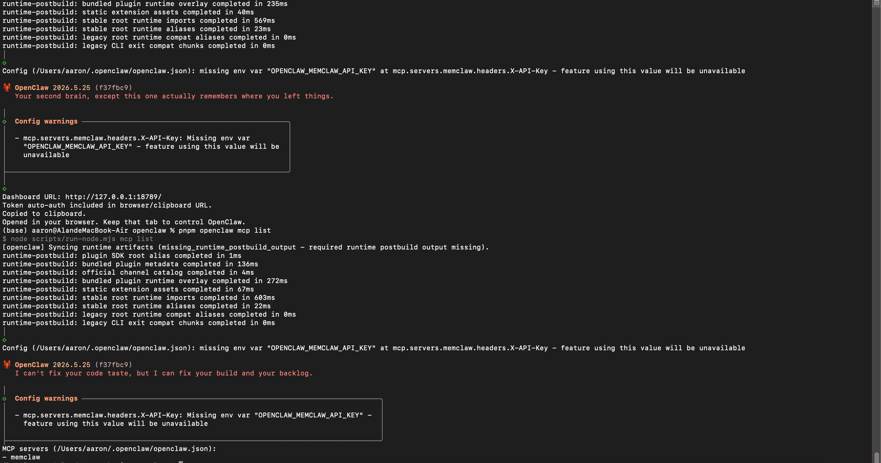 OpenClaw startup terminal showing Caura registered as an MCP server, alongside other tools.
