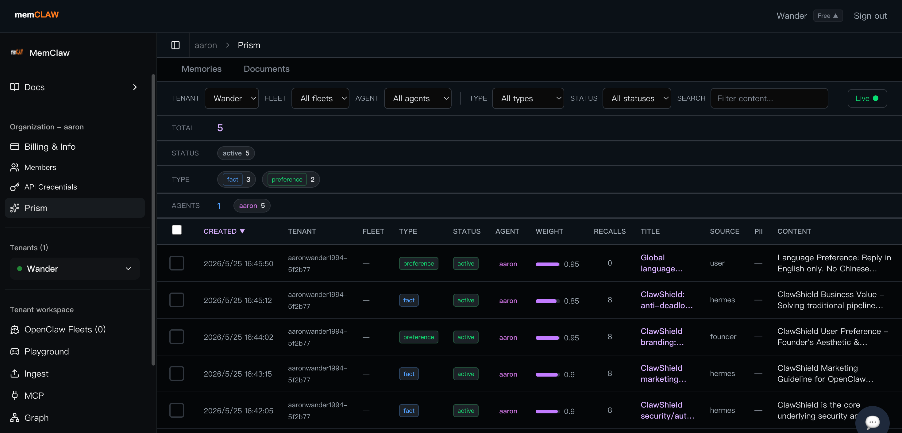 Caura Prism dashboard showing five ClawShield records with source, type, weight, and recall metadata.