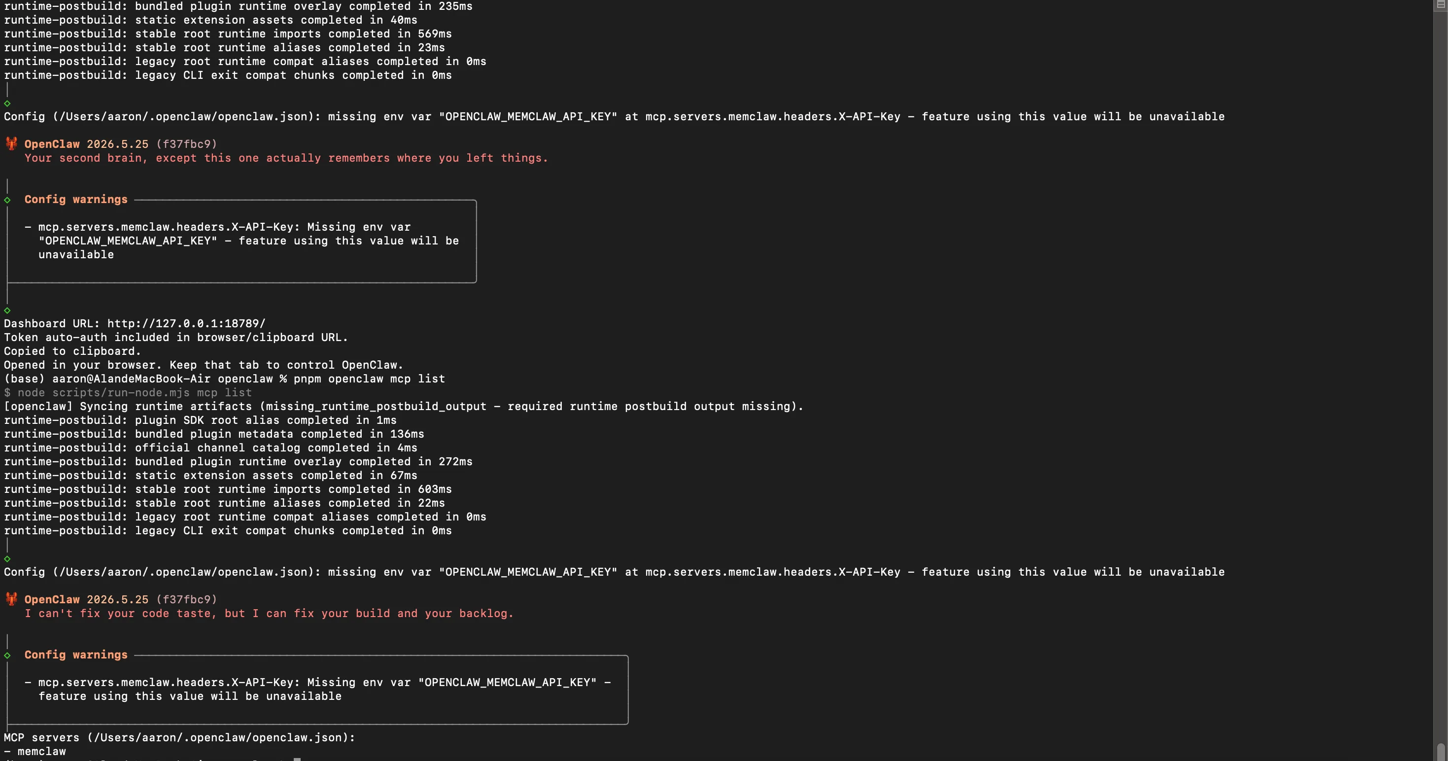 OpenClaw startup terminal showing Caura registered as an MCP server, alongside other tools.